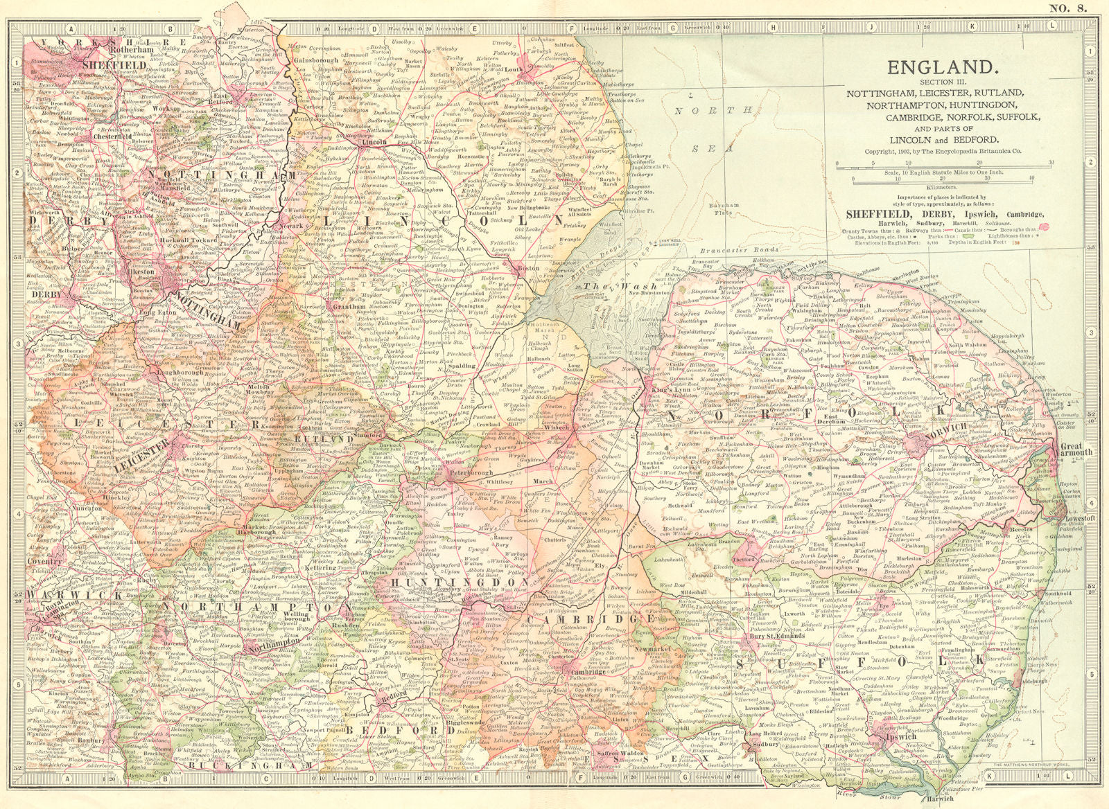 EAST MIDLANDS ANGLIA. Notts Leics Hunts Cambs 1903 old antique map plan chart